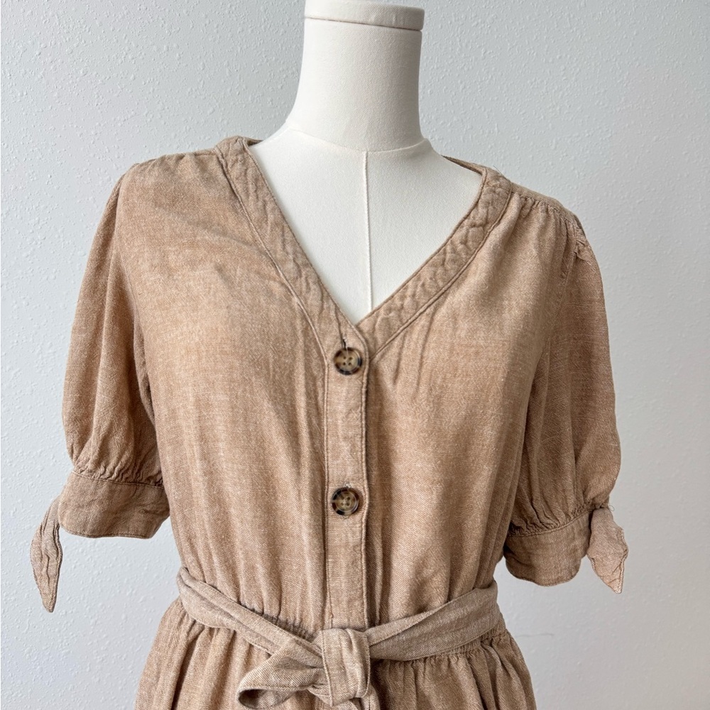 Linen Blend Button Safari Shift Front Midi Dress Tie Waist Beige M Time and Tru - Picture 5 of 10